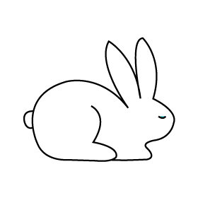 Simple line drawing of a white rabbit sitting down with its eyes closed, facing to the right. The background is plain light gray.