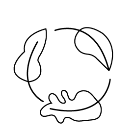 A minimalist black line drawing of three different leaves forming a loose circular shape on a light gray background.