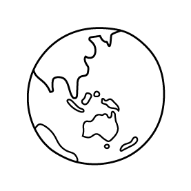 A simple black outline drawing of a globe showing Australia and parts of Asia, with minimal detail, on a plain white background.