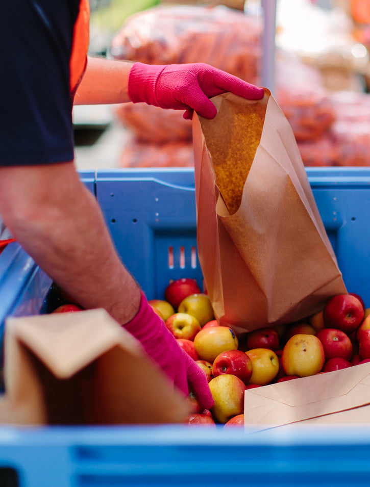 A person wearing pink gloves places apples into a brown paper bag, with more apples and bags in a blue plastic bin.