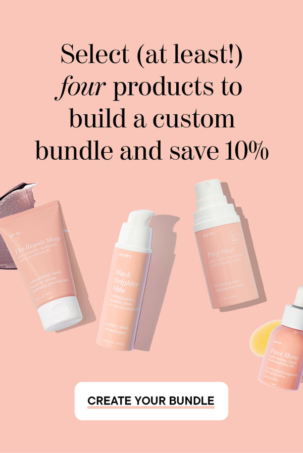 Four skincare products in pink bottles and tubes are arranged on a light background with text above that reads: Select (at least!) four products to build a custom bundle and save 10%. A Create Your Bundle button is at the bottom.