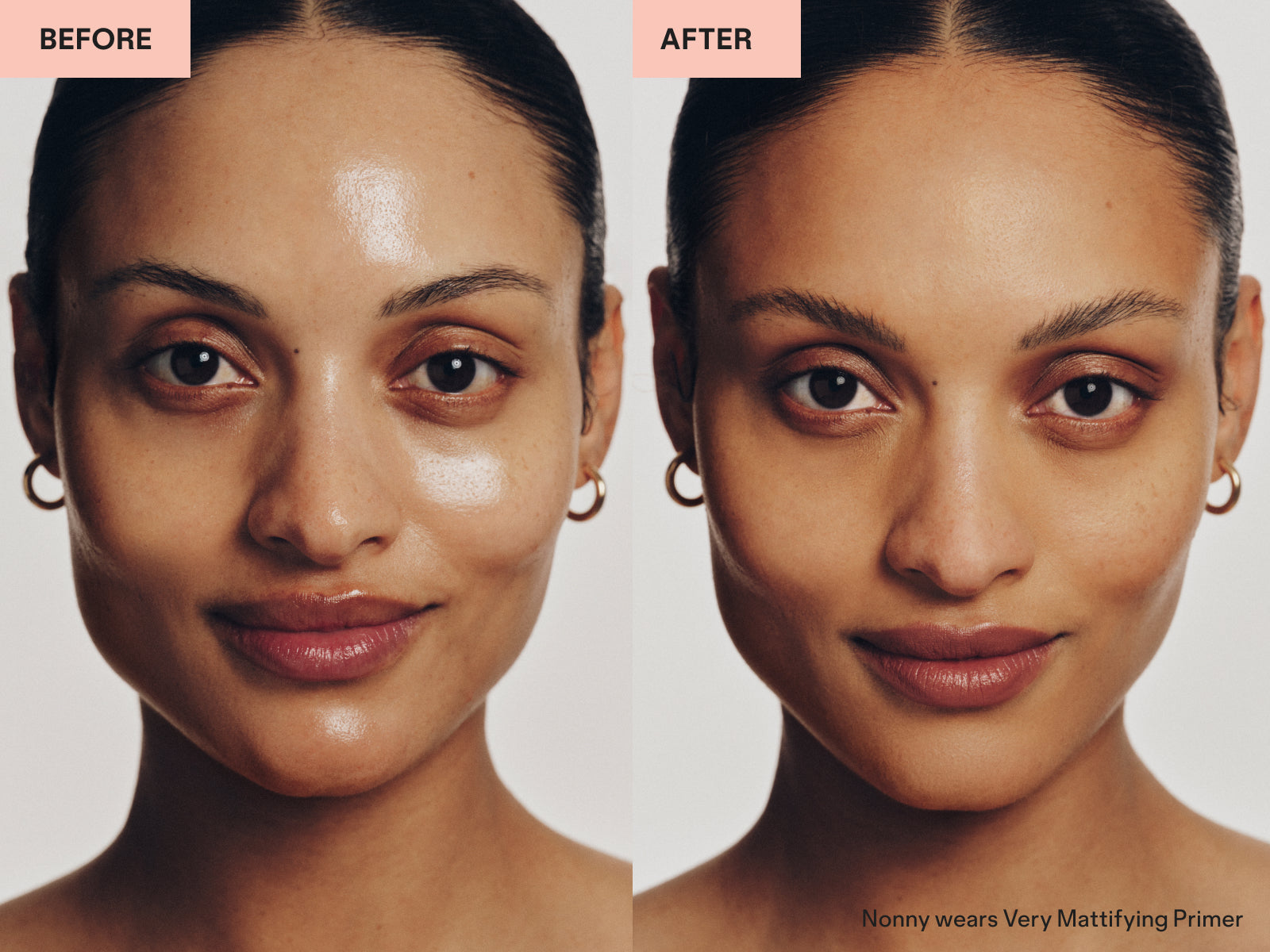 Side-by-side photos of a woman’s face labeled “Before” and “After.” In the “Before,” her skin appears shiny; in the “After,” her skin looks matte and even. Text: “Nonny wears Very Mattifying Primer.”.
