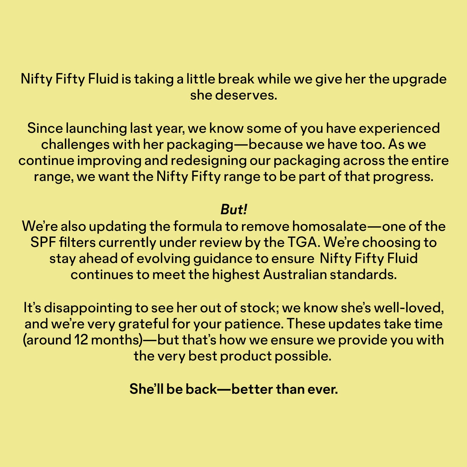 A yellow bottle of Go-To Skincare Nifty Fifty Fluid SPF 50 lightweight sunscreen stands beside its matching yellow box, both featuring black text with product and protection details.