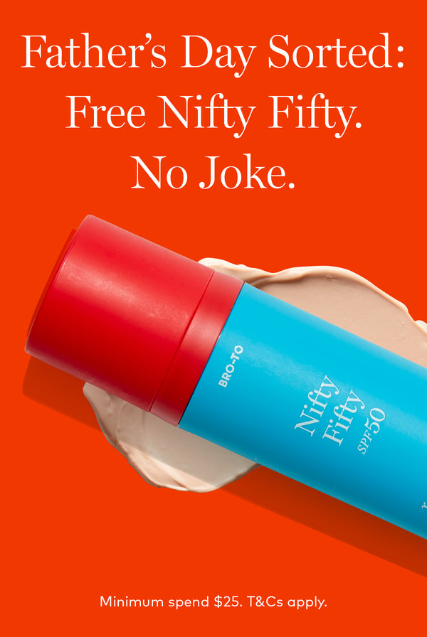 A blue and red bottle of Nifty Fifty SPF 50 sunscreen on a red background with cream smeared behind it. Text reads: Father’s Day Sorted: Free Nifty Fifty. No Joke. Minimum spend $25. T&Cs apply.