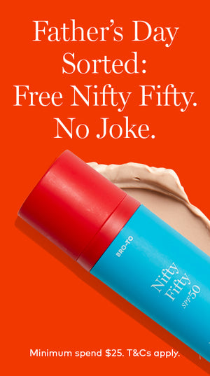 A blue and red bottle of BRO-TO Nifty Fifty SPF 50 sunscreen on an orange background with text: “Father’s Day Sorted: Free Nifty Fifty. No Joke. Minimum spend $25. T&Cs apply.”.