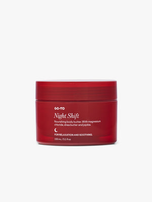 Red jar of Go-To Night Shift body butter on a white background