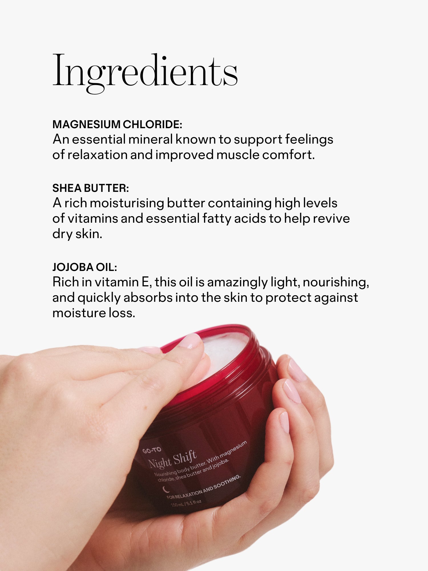 Hand holding a jar of night cream with text about its ingredients on a white background