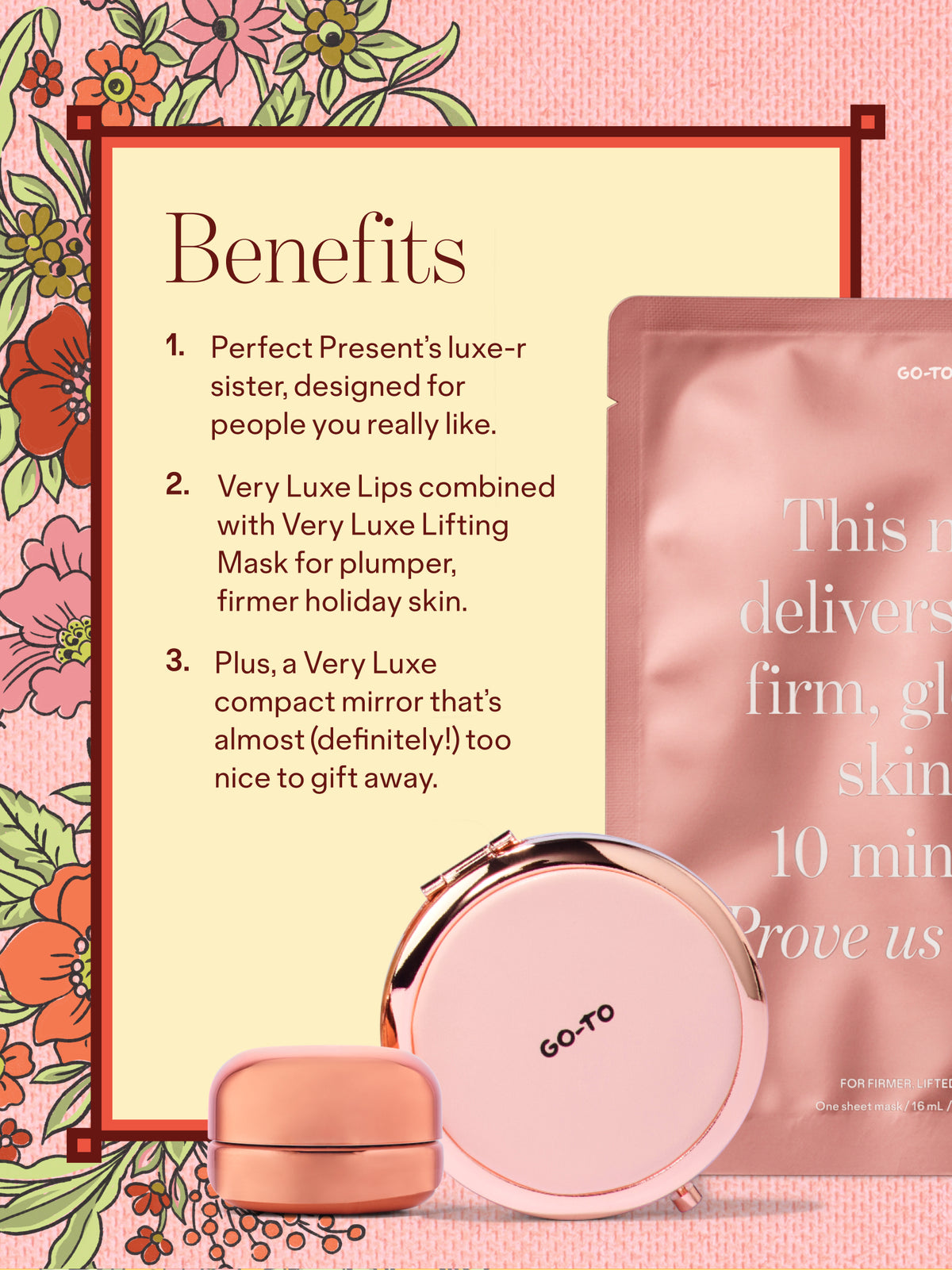 Go-To Skincare Pure Luxe gift set graphic showing Very Luxe Lips and Very Luxe Lifting Mask with a pink compact mirror on a floral background