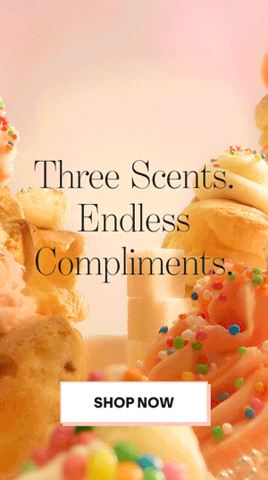 Colorful frosted pastries and desserts with sprinkles surround text that reads, Three Scents. Endless Compliments. A white button below says, Shop Now.