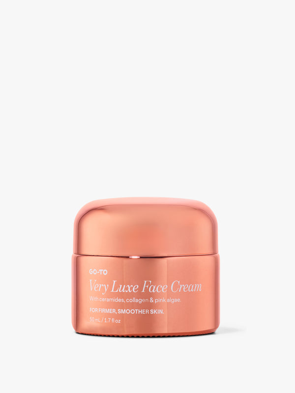 Copper jar of Go-To Very Luxe Face Cream with ceramides, collagen, and pink algae for firmer, smoother skin.