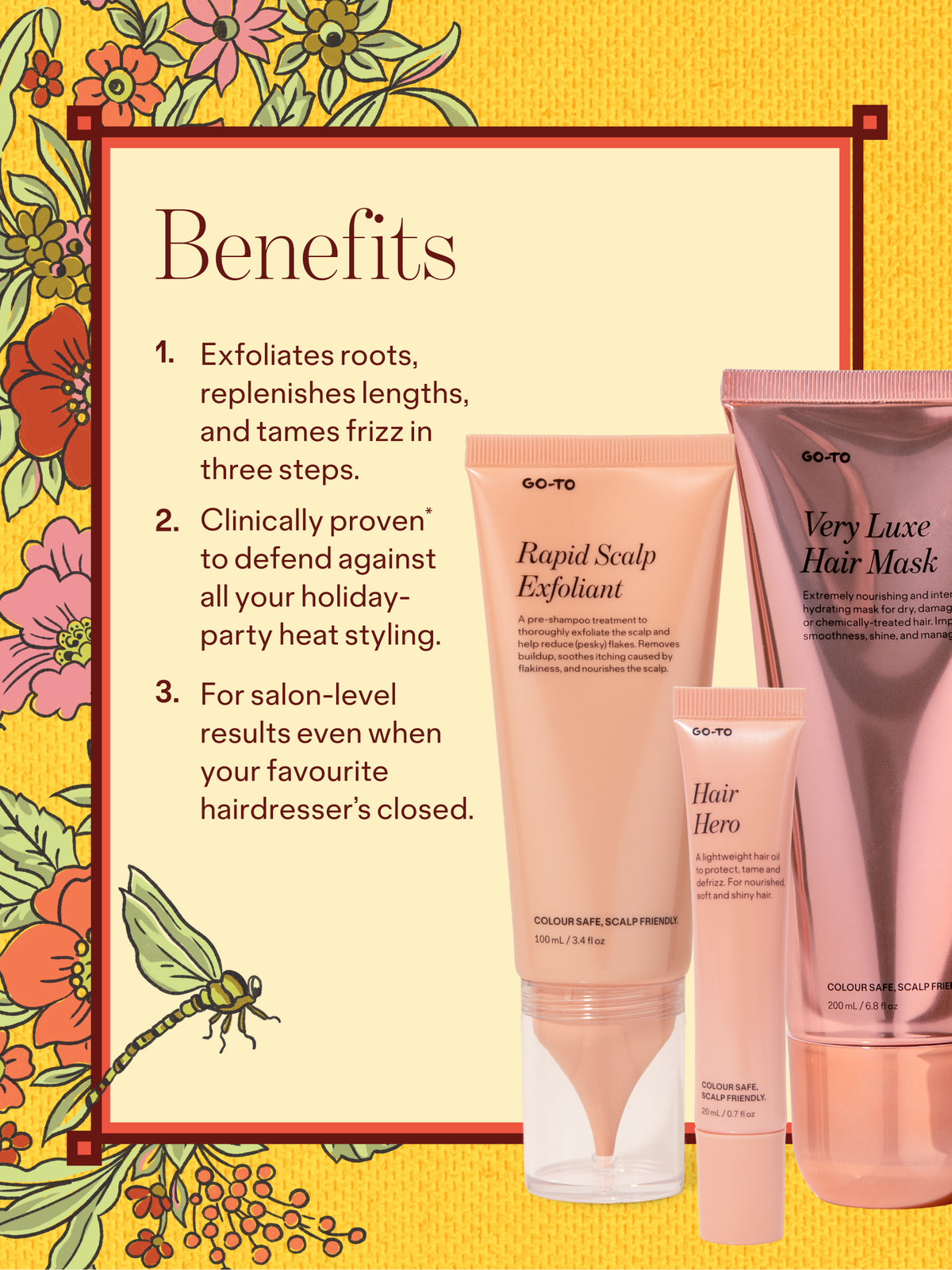 Benefits graphic for Go To Skincare hair care gift set featuring Rapid Scalp Exfoliant Very Luxe Hair Mask and Hair Hero with a floral border