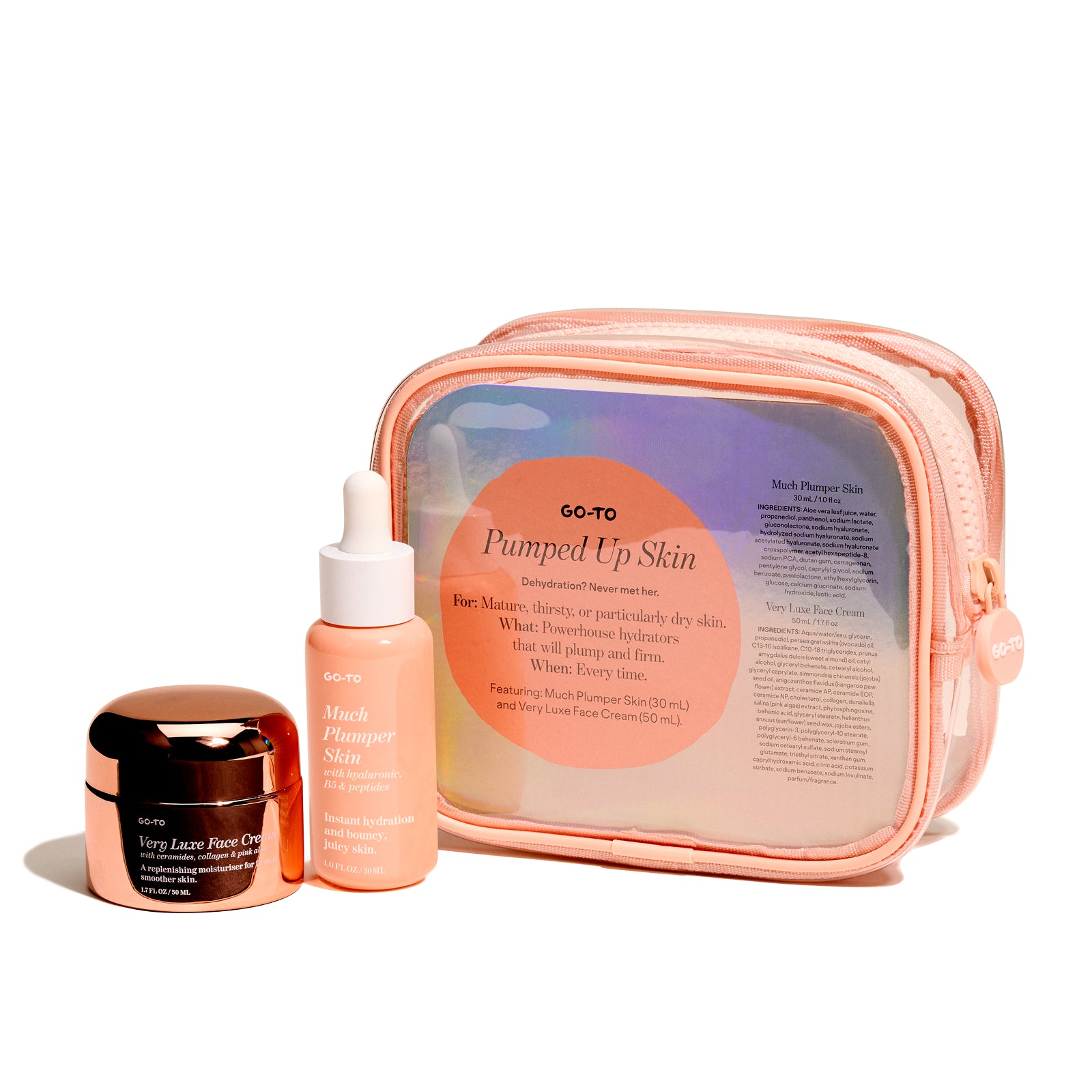 The Go-To Skincare “Pumped Up Skin” set includes a peach pouch with a “Much Plumper Skin” hyaluronic acid serum and “Very Luxe Face Cream” moisturizer, perfect for hydrated skin.