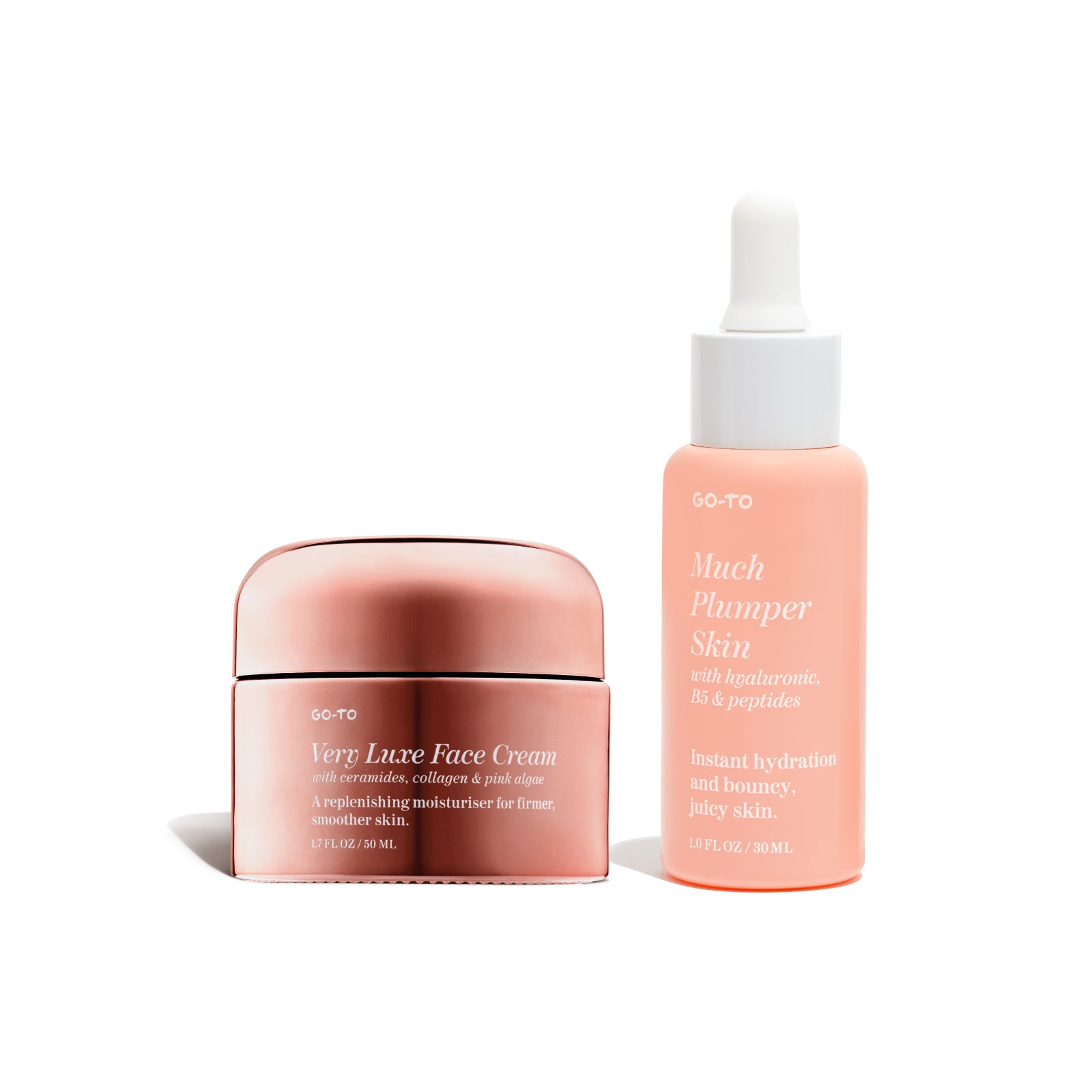 The Go-To Skincare “Pumped Up Skin” set includes a peach pouch with a “Much Plumper Skin” hyaluronic acid serum and “Very Luxe Face Cream” moisturizer, perfect for hydrated skin.
