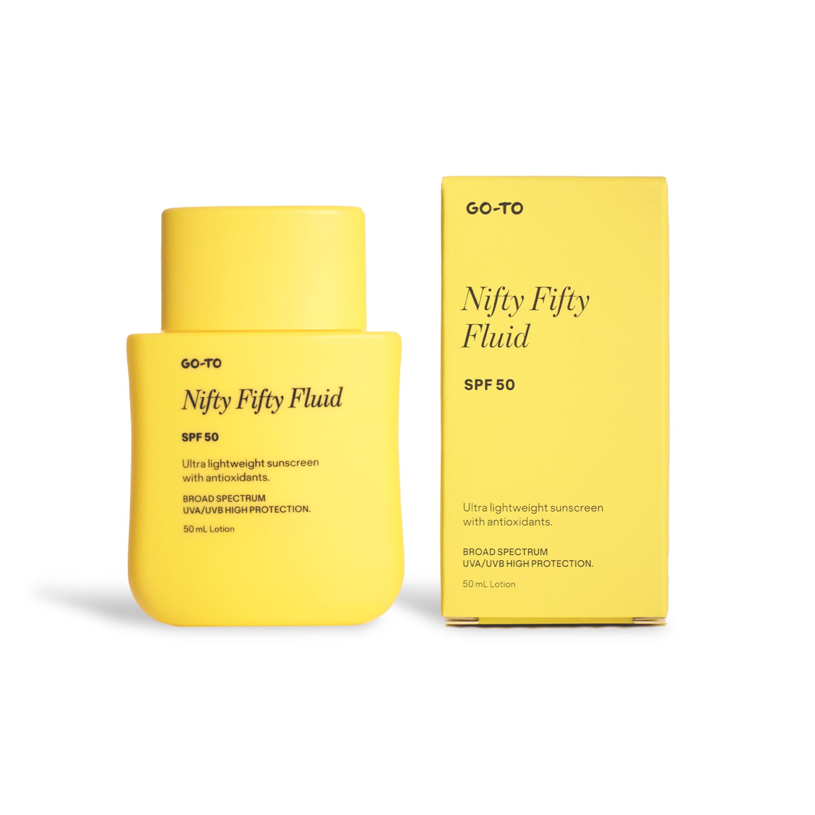 A yellow bottle of Go-To Skincare Nifty Fifty Fluid SPF 50 lightweight sunscreen stands beside its matching yellow box, both featuring black text with product and protection details.