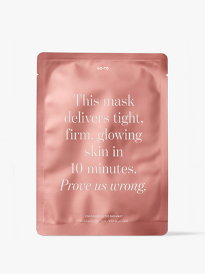 Pink Go-To Skincare face mask sachet with text promising tight firm glowing skin in 10 minutes and inviting users to prove it wrong.