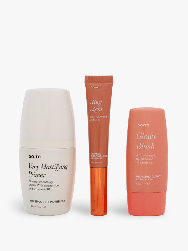 Go-To skincare set with mattifying primer, hydrating highlighter, and glowy blush. Perfect for smooth, radiant skin.