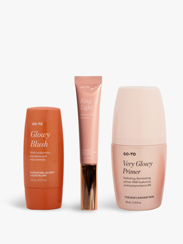 Three Go-To skincare products: Glowy Blush, Ring Light highlighter, and Very Glowy Primer, all with hydrating ingredients.